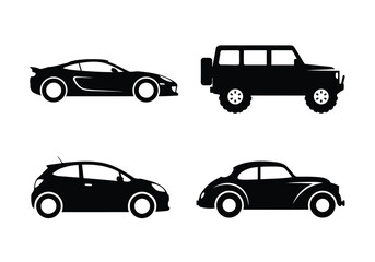 Fototapeta premium Variety of black car outlines: sports car, vintage car, compact car, and off-road vehicle