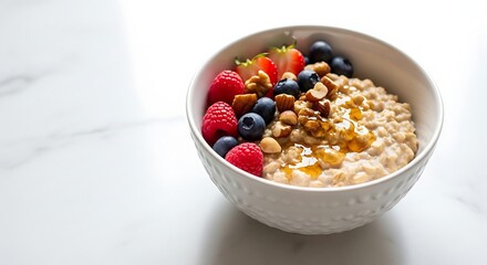 Creamy Oatmeal Bowl with Fresh Berries Nuts and Honey