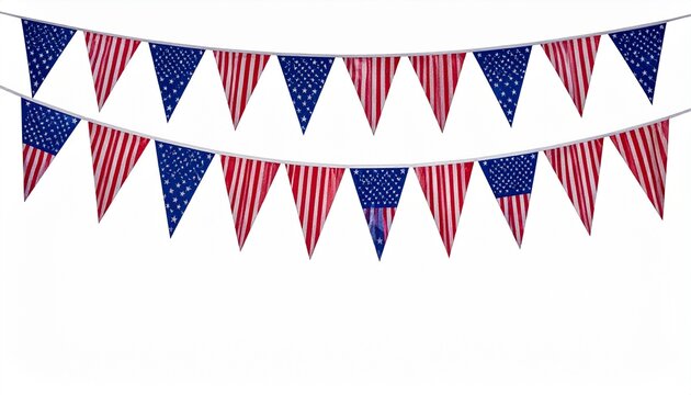 "Festive rows of triangular US flag pennants hanging in patriotic display"