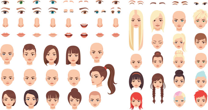 Female avatar creator elements with different eyes noses lips hairstyles and face shapes for character customization vector illustration set.