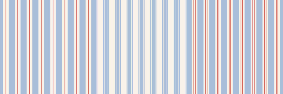 Set of abstract seamless modern simple classic geometric striped patterns with straight vertical parallel thin lines; blue, red and white colors; simple vector illustration in flat style
