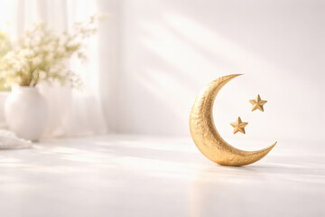 Golden Crescent Moon and Stars on Minimal Light Background for Ramadan Celebration