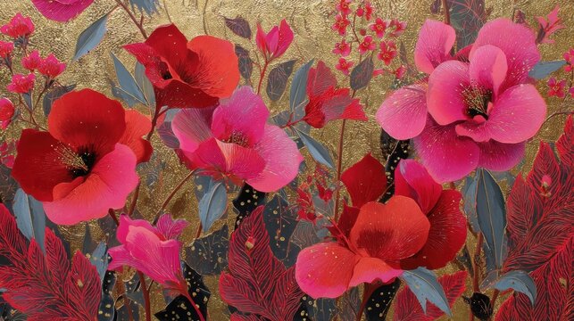 Elegant red and pink floral pattern with gold texture