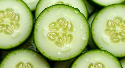 Fresh cucumber slices close up of green vegetables for healthy eating