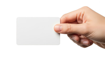 Obraz premium A hand holding a blank white card on transparent background
