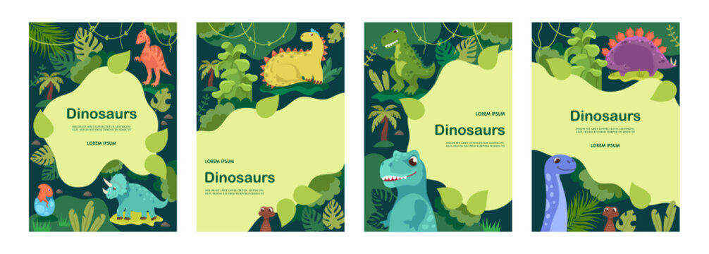 Cartoon dinosaurs. Set of templates for banners, covers, cards, flyers, posters. Vector flat illustration. Tropical design. Jungle frame.