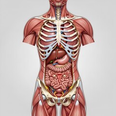 Detailed Human Anatomy Illustration Showing Muscular System and Internal Organs.