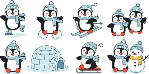 Cute Penguin Character Set with Winter Activities Including Ice Skating, Skiing, Sledding, Igloo, and Snowman for Christmas Cards and Seasonal Holiday Designs © MdSohanurRahman