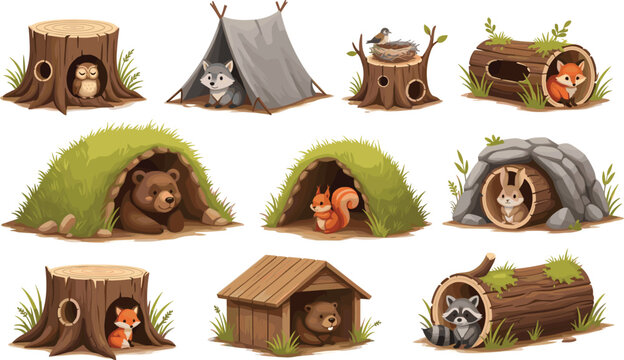 Forest Animal Home Vector Set with Cute Wildlife in Dens, Hollow Logs, Tree Stumps, and Burrows for Nature Education, Children's Books, and Woodland Illustrations