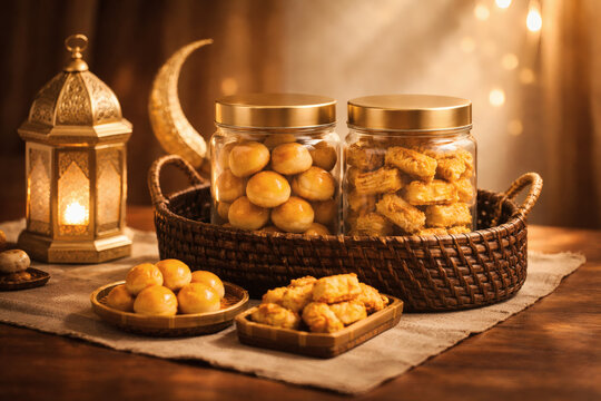 Warm Festive Ramadan Kareem Scene with Lantern, Crescent Moon and Traditional Eid Cookies in Glass Jars