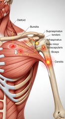 Anatomical illustration of the human shoulder joint highlighting rotator cuff muscles and inflammation.