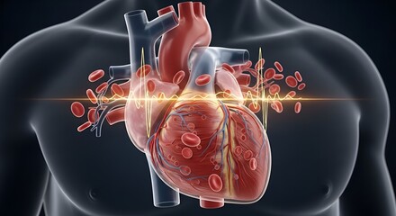Detailed 3D Illustration of Human Heart with Blood Cells and ECG Line.