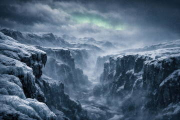 Obraz premium Deep Snowy Canyon With Freezing River And Stormy Sky In Winter