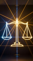 Neon glowing scales of justice symbol with radiating light beams on a dark background representing law and balance.