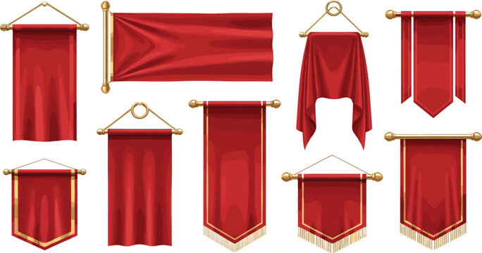Red hanging fabric banners with golden rods and tassels medieval royal flag collection for ceremonial decoration and event branding vector set.