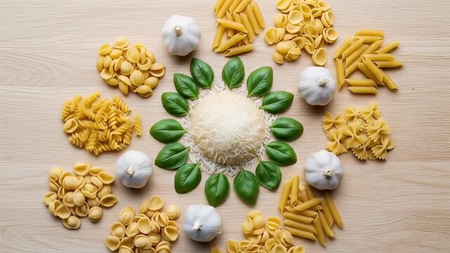 Assorted pasta shapes with garlic cloves and fresh basil around cheese on wood surface
