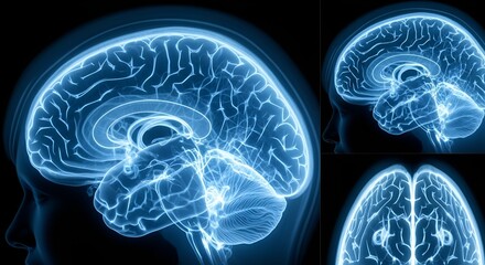 Glowing Blue Human Brain Anatomy and Neural Network Visualization.