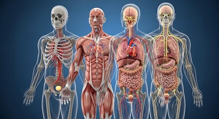 Four human body systems - skeletal, muscular, circulatory, and nervous systems, detailed anatomical illustration.