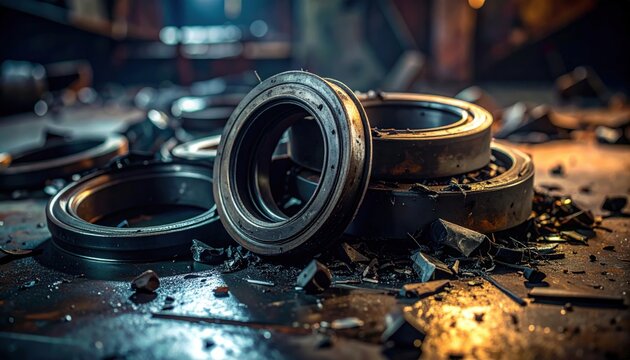 Dislodged industrial seals, rubbery and torn, mixed with metal shavings on a rough surface, captured professionally by FlyPro Firefly.