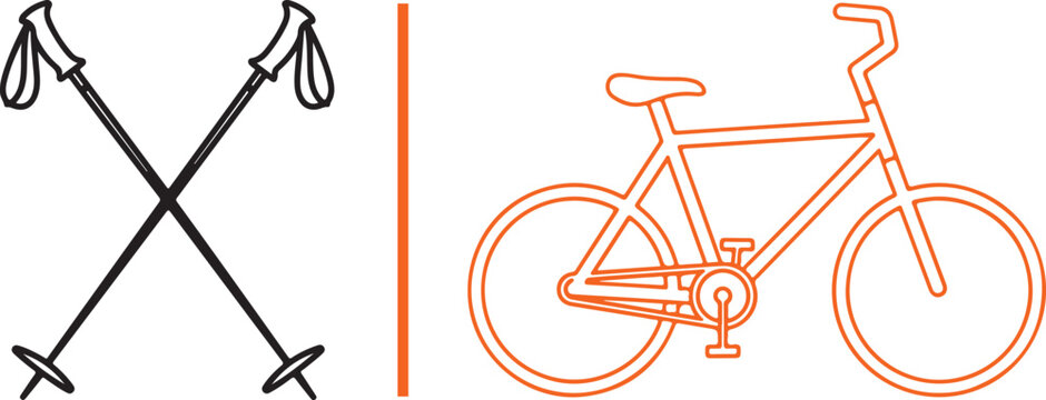 Vector illustration of crossed black trekking poles on the left and an orange-outlined bicycle on the right, separated by a vertical orange line. Clean, minimalist outdoor recreation design.