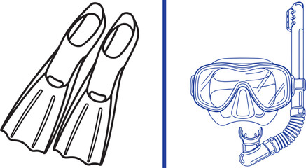 Vector illustration featuring black outlines of swim fins on the left and a blue-outlined diving mask with a snorkel on the right, separated by a vertical blue line. © Nur