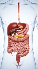 3D rendering of a human digestive system within a transparent body, showcasing internal organs like the stomach, intestines, liver, and pancreas for medical and educational purposes.