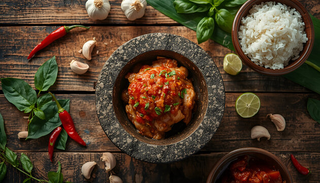 Authentic Indonesian sambal in traditional stone mortar and pestle, spicy red chili paste with garlic and lime on wooden table, generative AI