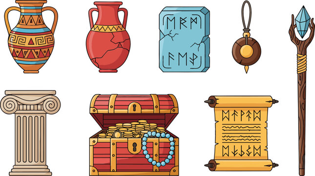 Vector collection of ancient artifacts featuring a treasure chest full of gold coins amphora vases runic stone tablet greek column and magic staff.