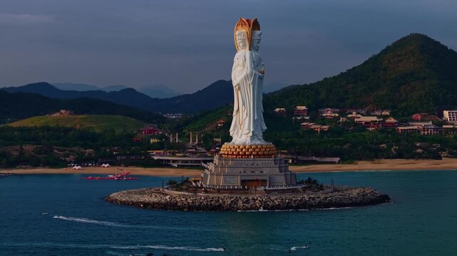 Aerial view Guanyin statue in buddhism cultural park temple in Sanya, Hainan island China.