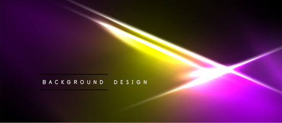 Obraz premium Abstract neon glow, vibrant purple yellow gradients. Dynamic lines create modern background design. Minimalist aesthetic, dark space surrounds bright center.