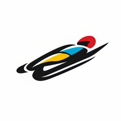 Minimal abstract icon of a luge athlete streamlined in black, red, blue, and yellow shapes on white background, ideal for winter sports branding, apps, or event signage.