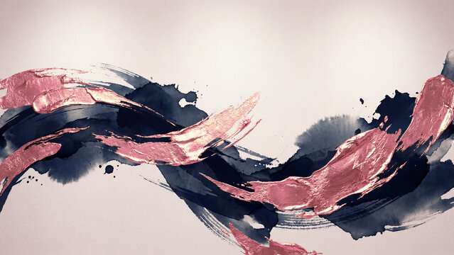 キャンバスにじんわりと滲む深い紺色のインクと、きらきらと立体的に輝く黄金の波が交差する美しいアート素材です。洗練された上品な画面構成は、企業のパンフレットやパッケージなどで新たな飛躍と創造を表現するのに最適です。