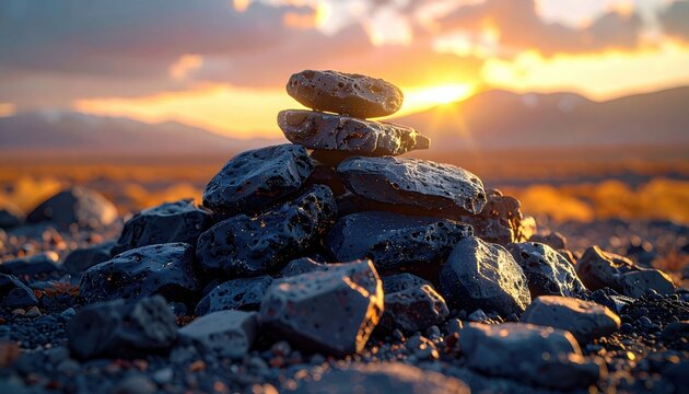 FlyPro Firefly Pile Of Smooth Dark Volcanic Pumice Stones Under Harsh Desert Sun Realistic Photography