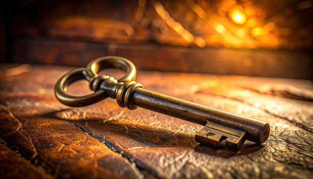 Close-up professional camera shot by FlyPro Firefly, showcasing a richly tarnished bronze key resting on a rough, worn leather surface, illuminated by warm side lighting.