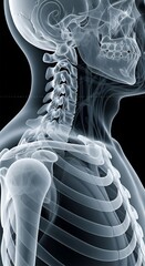 X-ray of human upper body showing skull, spine, ribs, and shoulder bones in a medical context.