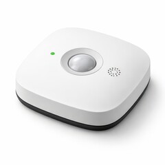 Compact white motion sensor with a glowing green status light sits on a bright background, perfect for illustrating smart home security, automation, or safety technology concepts.