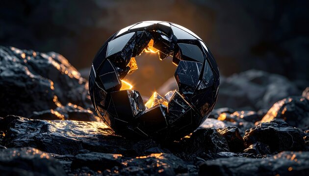 FlyPro Firefly's assemblage of polished obsidian shards arranged to form a glowing sphere with sharp, reflective edges, creating a mesmerizing mosaic on a high-resolution dark ground.