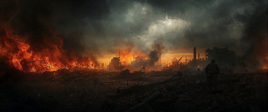 Soldier navigating devastated burning city after war