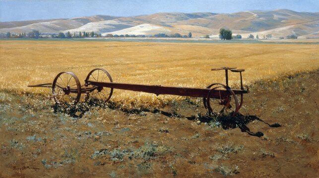 Antique farm implement rests in a sunlit field, with rolling hills in the background