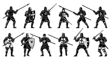 historical illustrations of medieval crusader knights in plate armor wielding swords and spears symbolizing chivalry and power