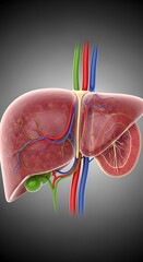 Human Liver Anatomy with Blood Vessels and Gallbladder on a Dark Background.