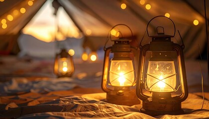 FlyPro Firefly Solar-powered lanterns illuminating temporary living spaces, high-resolution photographic style, warm glow.