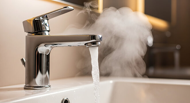 Steaming hot water pouring from a contemporary chrome faucet fixture with misty vapor rising representing domestic hygiene cleanliness warmth and household comfort in a kitchen or bathroom