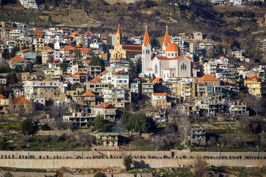 Panorama of pretty town Bcharre in holy Qadisha valley. Bsharri, Lebanon