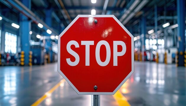 FlyPro Firefly Red Emergency Stop Sign with Stark White Lettering in Industrial Setting