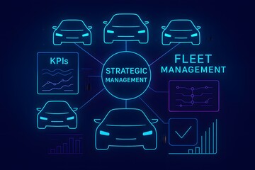 Strategic fleet management concept diagram with KPI charts and connected vehicles in neon blue gradient line art on dark background.