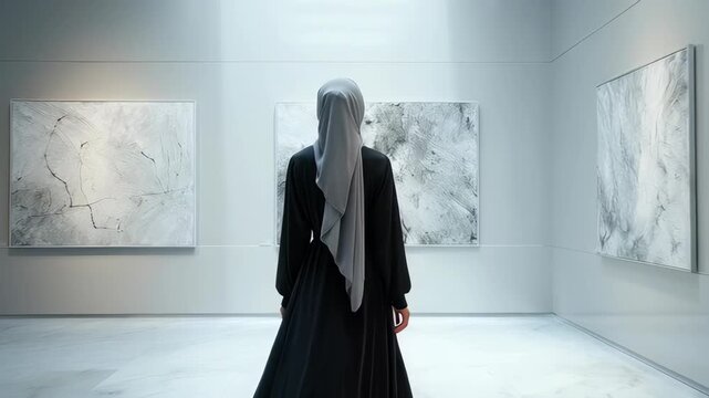 Rear view of Muslim woman in hijab and abaya admiring abstract art in a modern white gallery