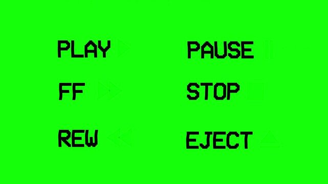 Looping VHS control icons showing play, rewind, forward, pause, stop and eject with analog style. Built as greenscreen overlay. Perfect for retro UI and tape effects.
