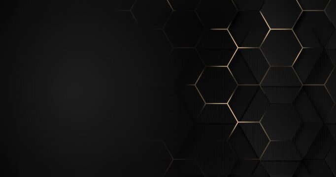 Dark luxury abstract background with golden hexagon pattern. Elegant black geometric animation with soft glow and depth. Seamless loop. Premium business and technology backdrop.