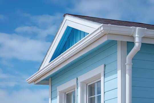 Blue wooden house exterior with white trim and gutter under a clear sky, showcasing architectural details and vibrant colors in a residential setting